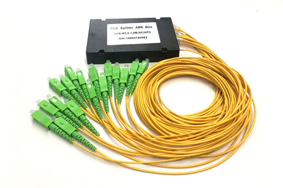 1x16 Fiber Optic PLC Splitter with SC/APC Connector in ABS Box, Single Mode G657A1 Pigtail 2.0mm for FTTx PON Networks