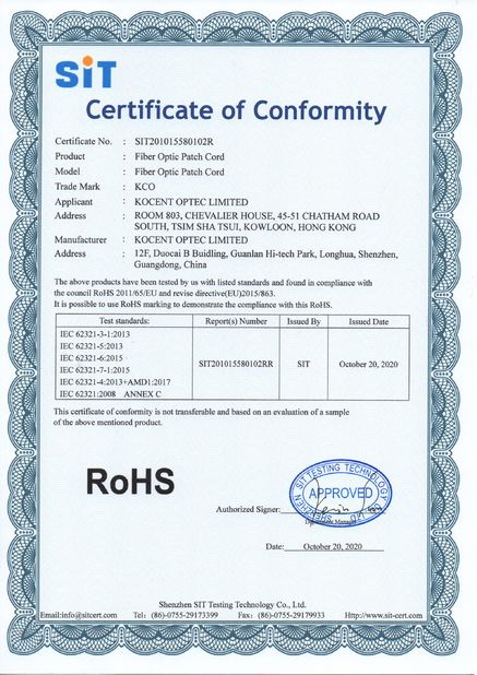 China KOCENT OPTEC LIMITED certificaciones